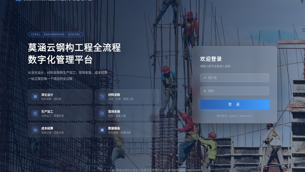 莫涵云钢构工程全流程数字化管理平台 V1.0（我方自研系统 · 本站同款 · 源码交付 · 可白标）